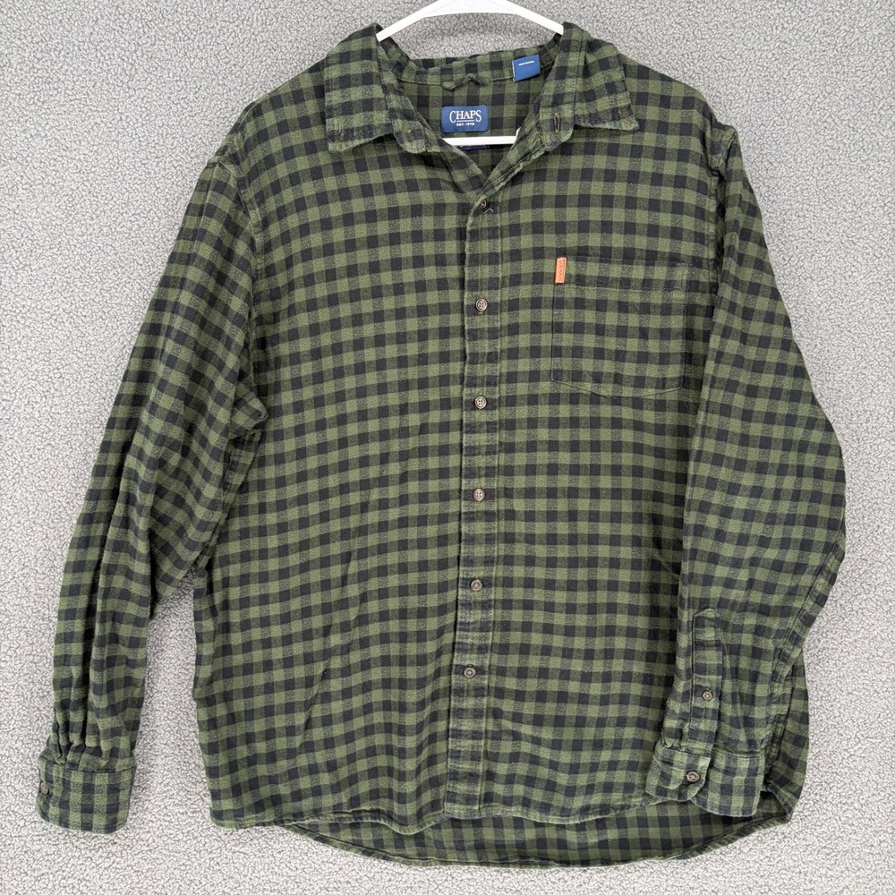 Chaps Mens Green Black Buffalo Check Flannel Button Down Shirt XL Long Sleeve